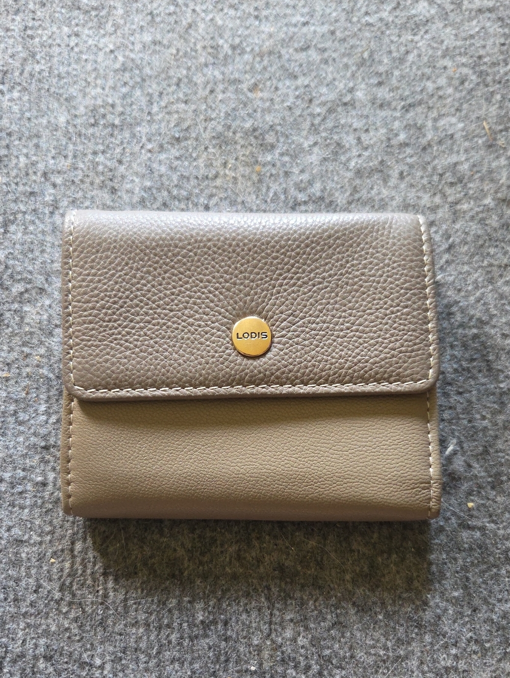 Lodis Two-Tone Taupe Leather Compact Wallet with Gold Snap